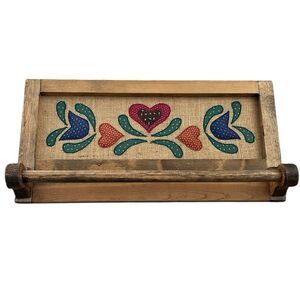 Vintage Wooden Burlap Embroidered Towel Rack with Folk Art Design Wall Decor